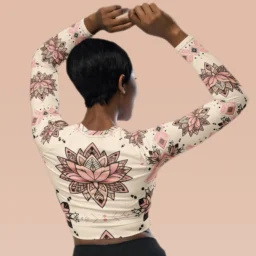 Lotus Flower All Over Print Recycled Long-Sleeve Crop Top - Image 3