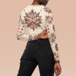 Lotus Flower All Over Print Recycled Long-Sleeve Crop Top - Image 4